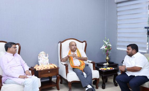 Tripura BJP president Abhishek Debroy pays courtesy visit to CM Dr. Manik Saha in Agartala.